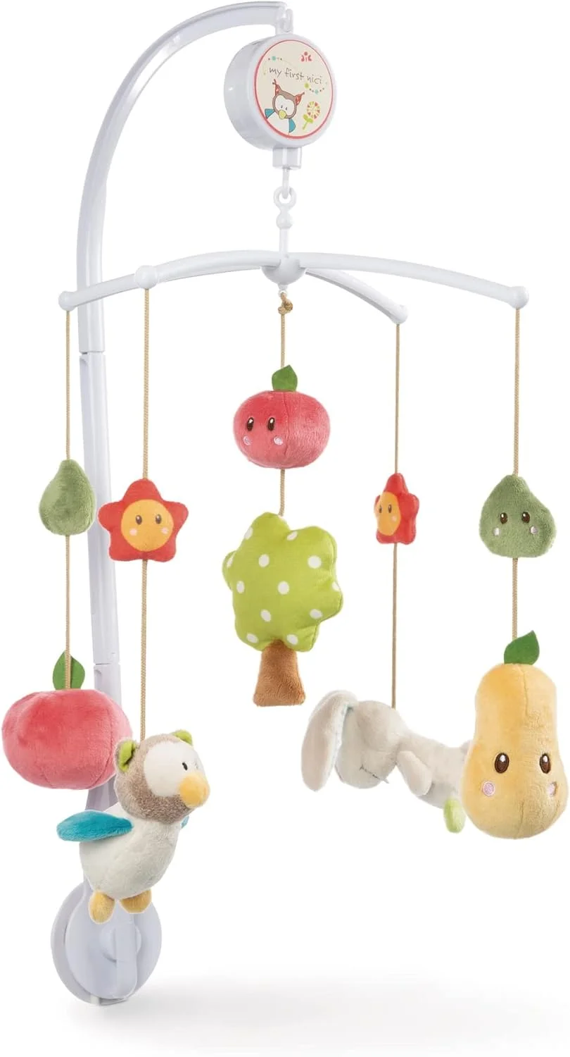آویز موزیکال خرگوش و جغد NICI، 40 سانتی‌متر، رنگارنگ، آویز تخت کودک با 5 عروسک جداشدنی به همراه بست تخت، بسته‌بندی هدیه، لوازم جانبی تخت کودک - 48511
