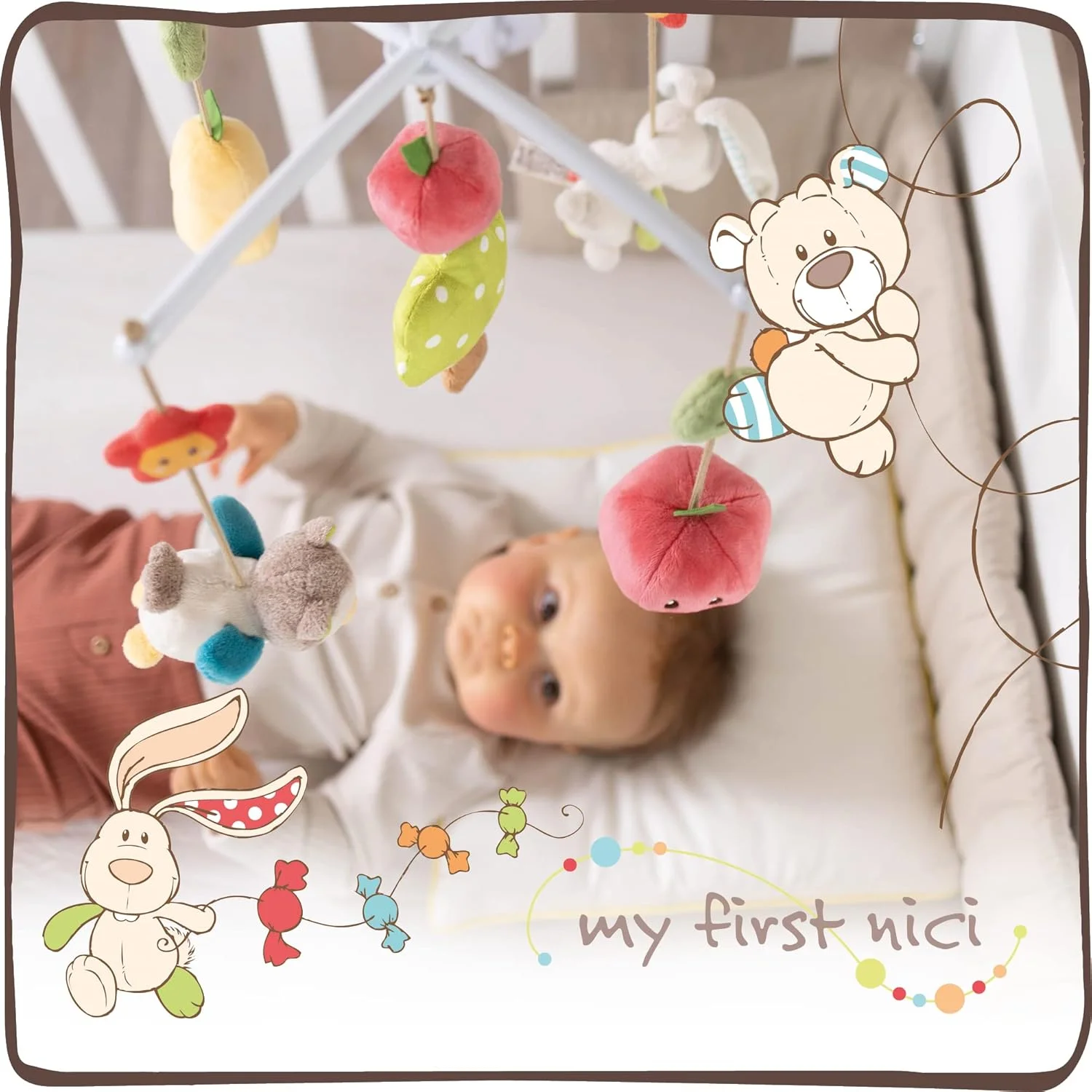 آویز موزیکال خرگوش و جغد NICI، 40 سانتی‌متر، رنگارنگ، آویز تخت کودک با 5 عروسک جداشدنی به همراه بست تخت، بسته‌بندی هدیه، لوازم جانبی تخت کودک - 48511
