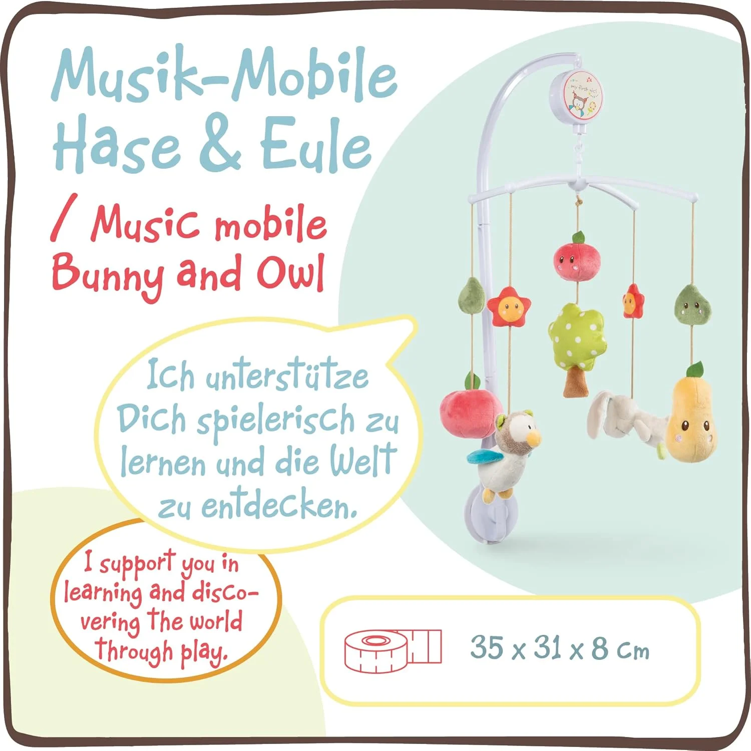 آویز موزیکال خرگوش و جغد NICI، 40 سانتی‌متر، رنگارنگ، آویز تخت کودک با 5 عروسک جداشدنی به همراه بست تخت، بسته‌بندی هدیه، لوازم جانبی تخت کودک - 48511