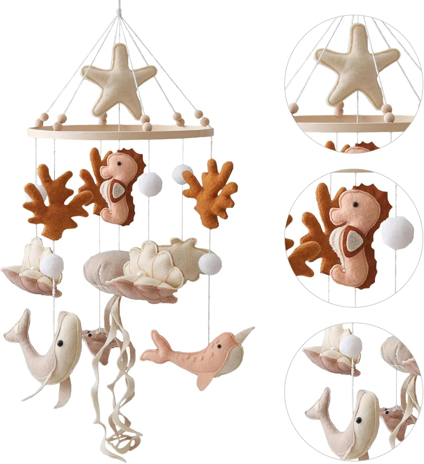 آویز موبایل طرح موجودات دریایی، آویز بالای تخت کودک با توپ های نمدی، آویز تزئینی اتاق کودک، هدیه نوزادی برای دختران و پسران