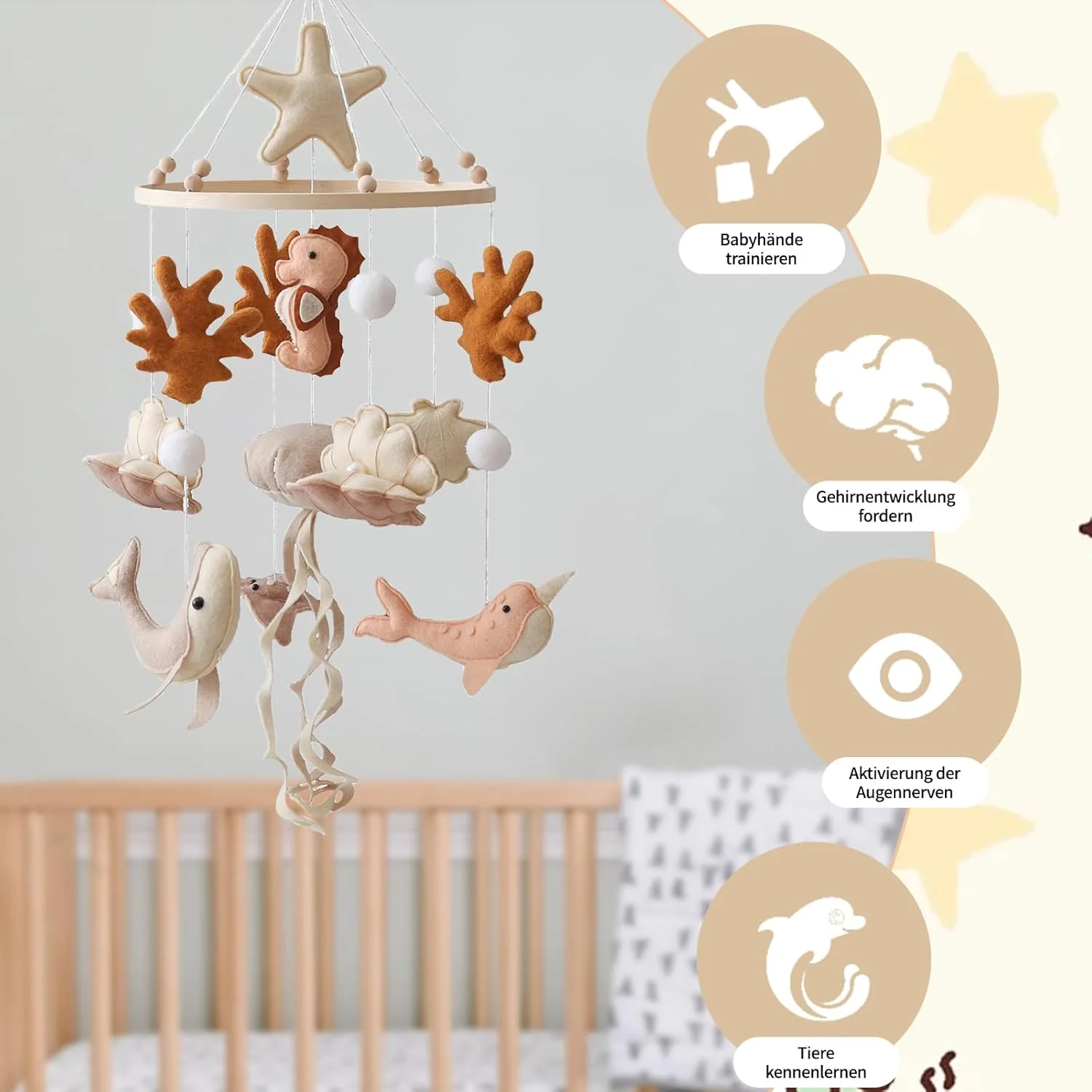 آویز موبایل طرح موجودات دریایی، آویز بالای تخت کودک با توپ های نمدی، آویز تزئینی اتاق کودک، هدیه نوزادی برای دختران و پسران