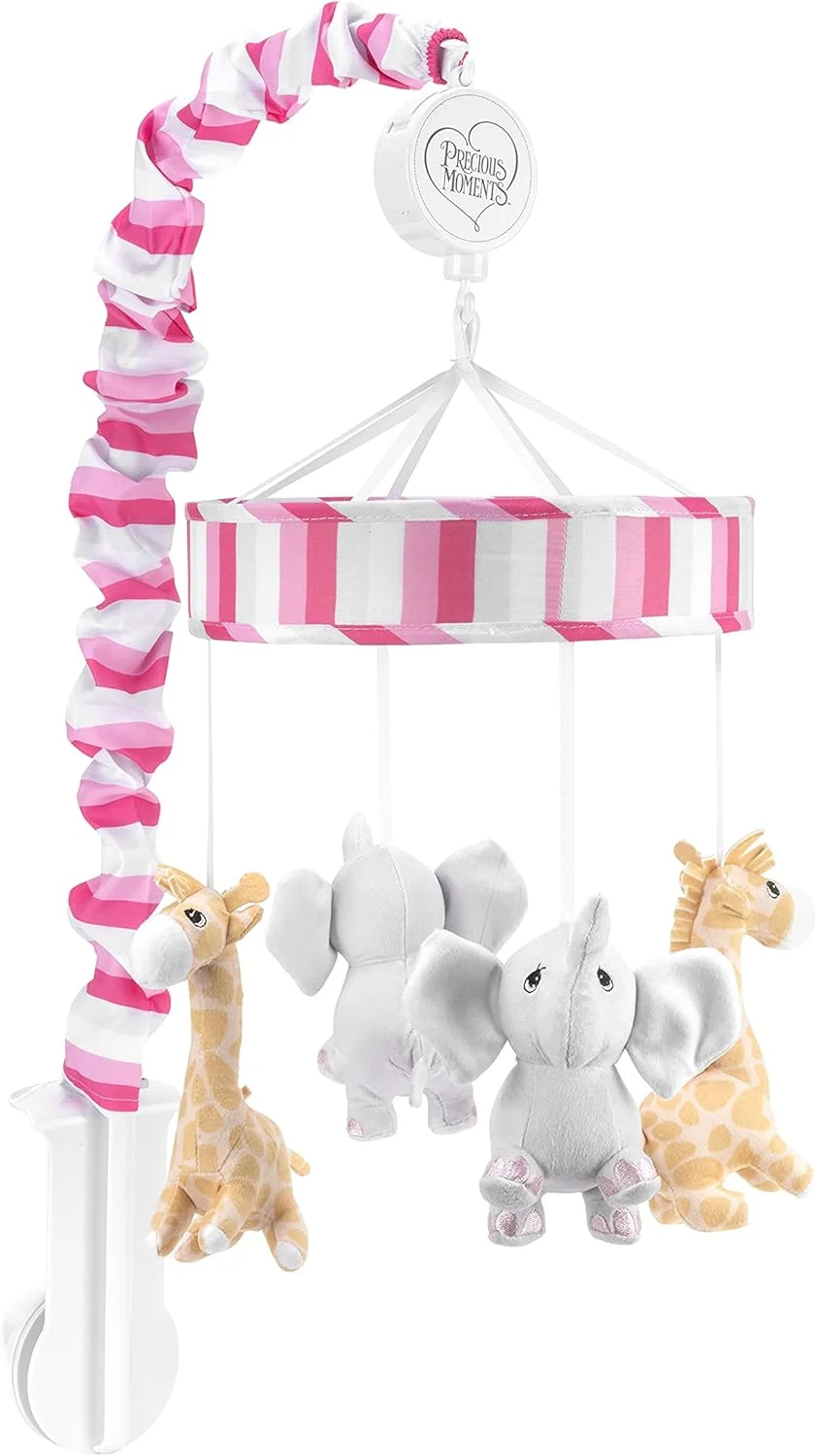 آویز موزیکال تخت نوزاد طرح کشتی نوح Precious Moments مناسب دختران با لالایی ملایم؛ دکوراسیون اتاق کودک با طرح سافاری فیل و زرافه؛ آویز تخت نوزاد صورتی روشن، خاکستری و سفید با موسیقی