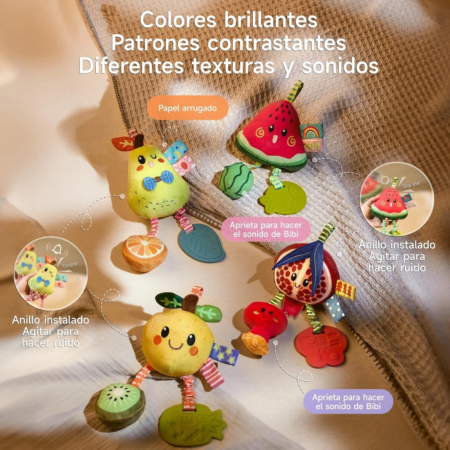 اسباب بازی های جغجغه آویز کودک توماما، بسته 4 عددی میوه ای، مجموعه حسی نرم برای صندلی ماشین، کالسکه، موبایل 0 3 6 9 12+ ماه