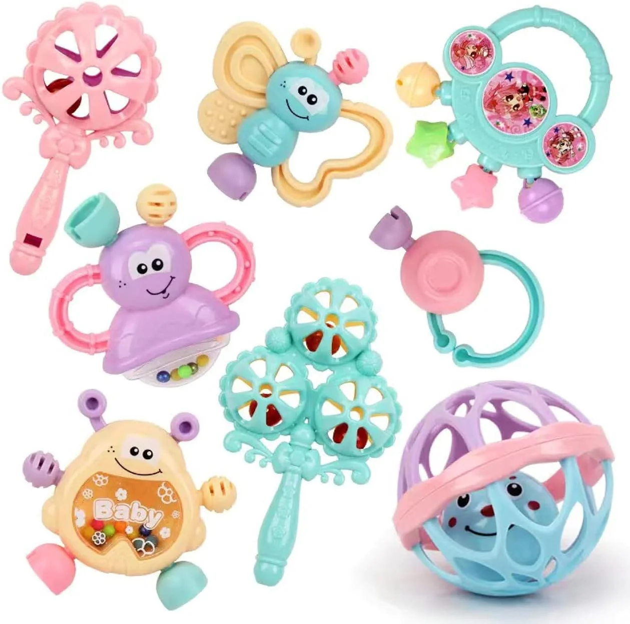 M&J&DELEE جغجغه رنگی کودک، ست جغجغه آویز کودک برای آموزش اولیه، اسباب بازی لرزان، چرخشی و گرفتنی برای نوزاد، کودک، پسر و دختر