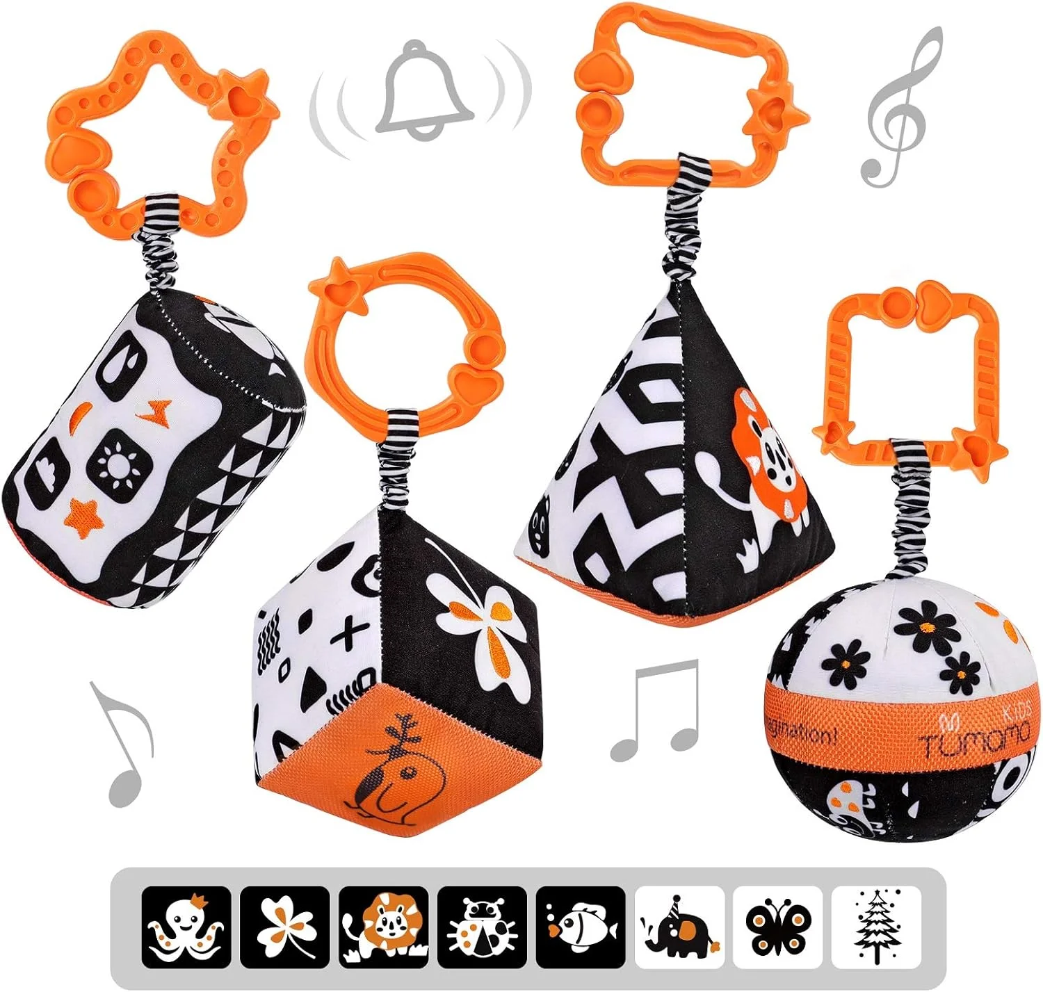 اسباب بازی های نوزاد با اشکال با کنتراست بالا TUMAMA، اسباب بازی کالسکه سیاه و سفید برای صندلی ماشین، جغجغه های پولیشی حلقه آویز برای 0، 3، 6، 9 تا 12 ماهگی، نوزادان، کودکان نوپا، نوزادان (4 بسته)