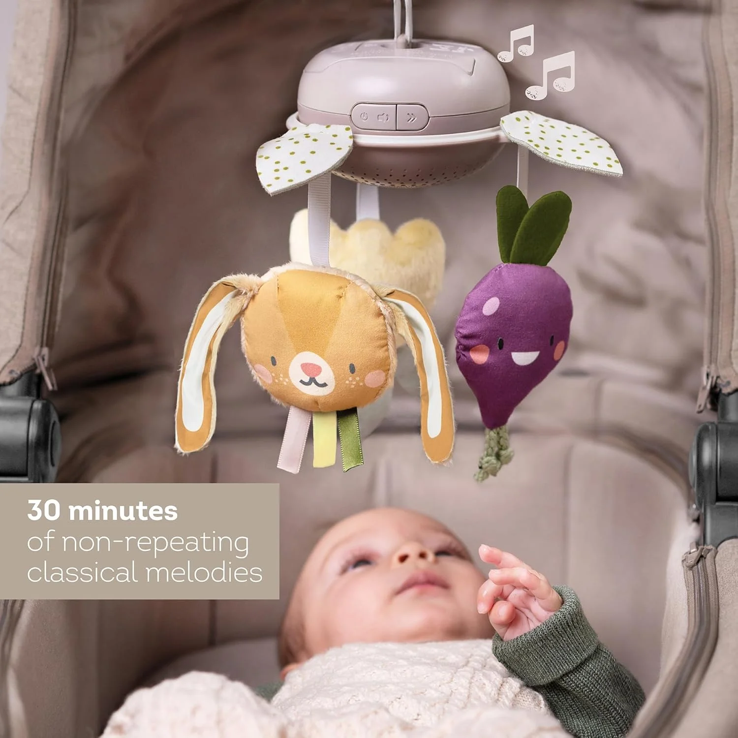 آویز موزیکال تخت کودک طرح باغچه تف تویز، با ملودی‌های کلاسیک، اسباب‌بازی‌های آویز نرم، تقویت مهارت‌های حرکتی و رشد عاطفی، گیره بزرگ برای اتصال آسان، مناسب برای نوزادان دختر و پسر