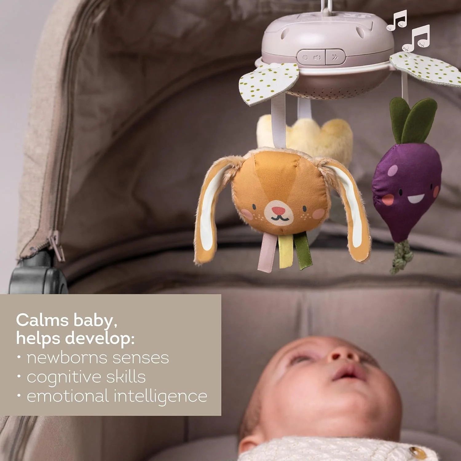 آویز موزیکال تخت کودک طرح باغچه تف تویز، با ملودی‌های کلاسیک، اسباب‌بازی‌های آویز نرم، تقویت مهارت‌های حرکتی و رشد عاطفی، گیره بزرگ برای اتصال آسان، مناسب برای نوزادان دختر و پسر