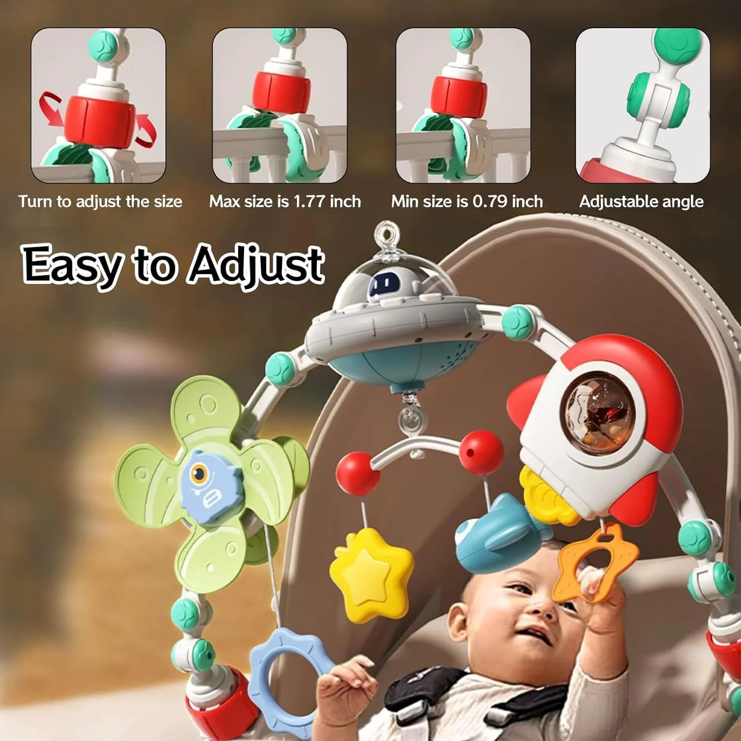 آویز تخت و کالسکه موزیکال کودک مدل AM ANNA، اسباب بازی قابل تنظیم برای صندلی ماشین نوزاد 0-12 ماه، اسباب بازی های حسی مونته سوری با طرح موشک فضایی چرخان مناسب تخت نوزاد و هدیه مسافرتی برای پسران و دختران نوپا
