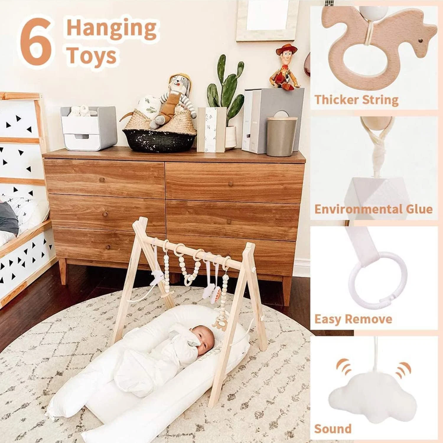 جیم چوبی کودک با 6 آویز اسباب بازی، فریم تاشو جیم بازی کودک، میله آویز فعالیت، هدیه نوزاد دختر و پسر، اسباب بازی های کودک مناسب برای سیسمونی 0 تا 1.5 سال