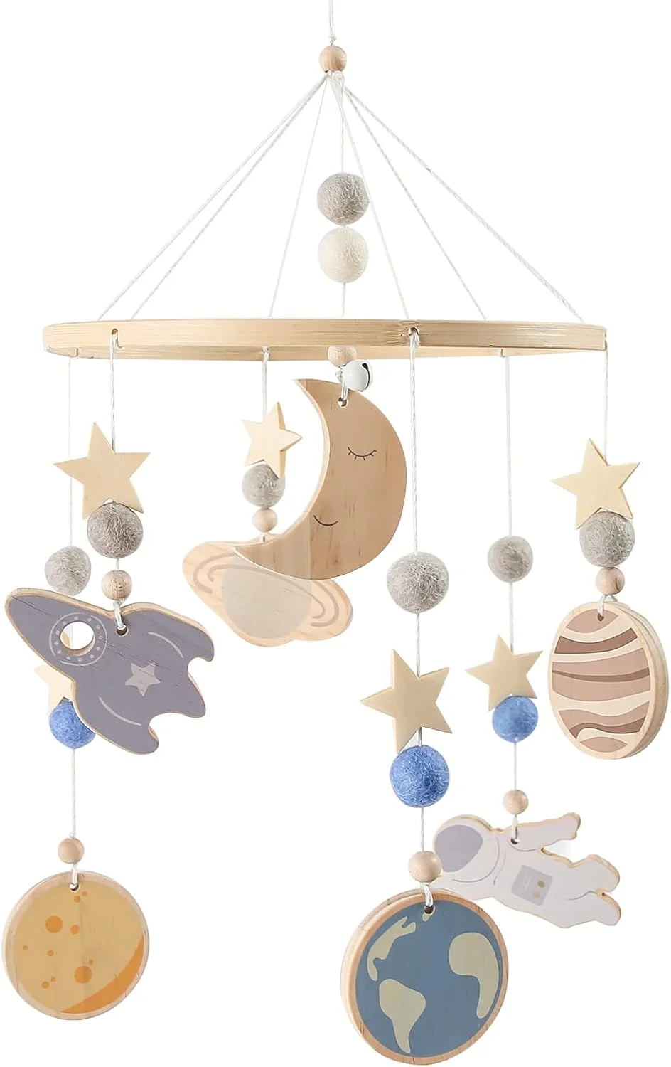 آویز بالای تخت نوزاد با طرح فضایی - آویز چوبی تخت نوزاد - آویز تخت با طرح منظومه شمسی، فضانورد و دکوراسیون تخت نوزاد با تم فضایی، هدیه برای نوزاد تازه متولد شده (فضای آبی)