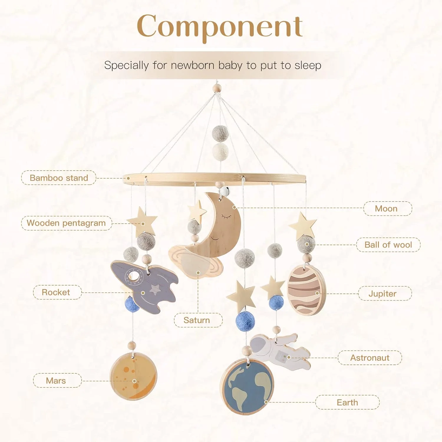 آویز بالای تخت نوزاد با طرح فضایی - آویز چوبی تخت نوزاد - آویز تخت با طرح منظومه شمسی، فضانورد و دکوراسیون تخت نوزاد با تم فضایی، هدیه برای نوزاد تازه متولد شده (فضای آبی)