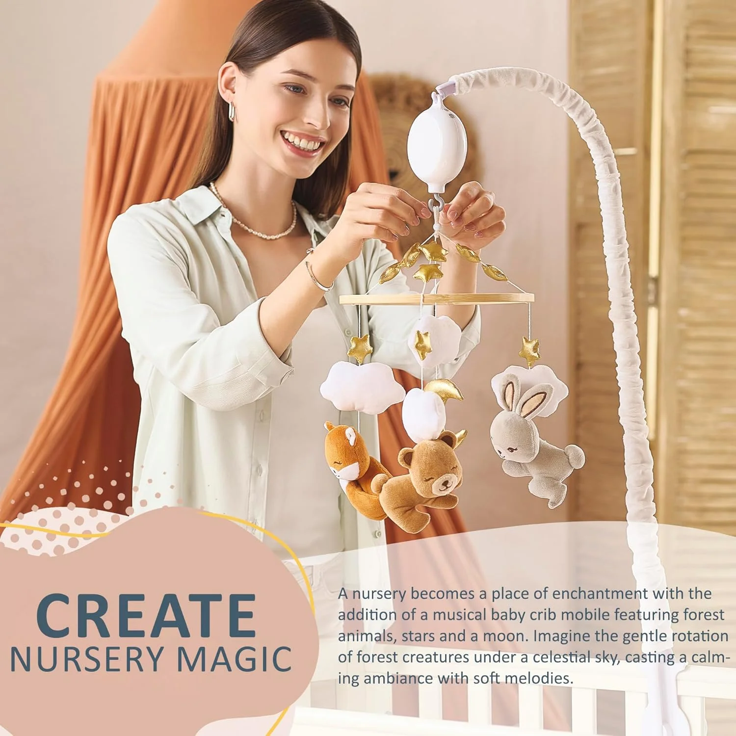 موبایل تخت نوزاد موزیکال برای دختران و پسران - آویز موزیکال تخت نوزاد، 35 آهنگ، کنترل صدا - موبایل های اتاق کودک برای نوزادان 0 تا 12 ماه (شیک)