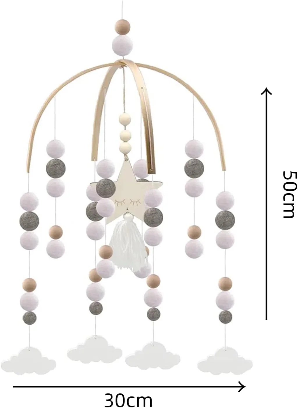 آویز تخت نوزاد فروشگاه وایت، آویز تخت خنثی، آویز تخت چوبی دست ساز، آویز تخت بوهو، آویز اتاق کودک، دکور اتاق کودک، ابر