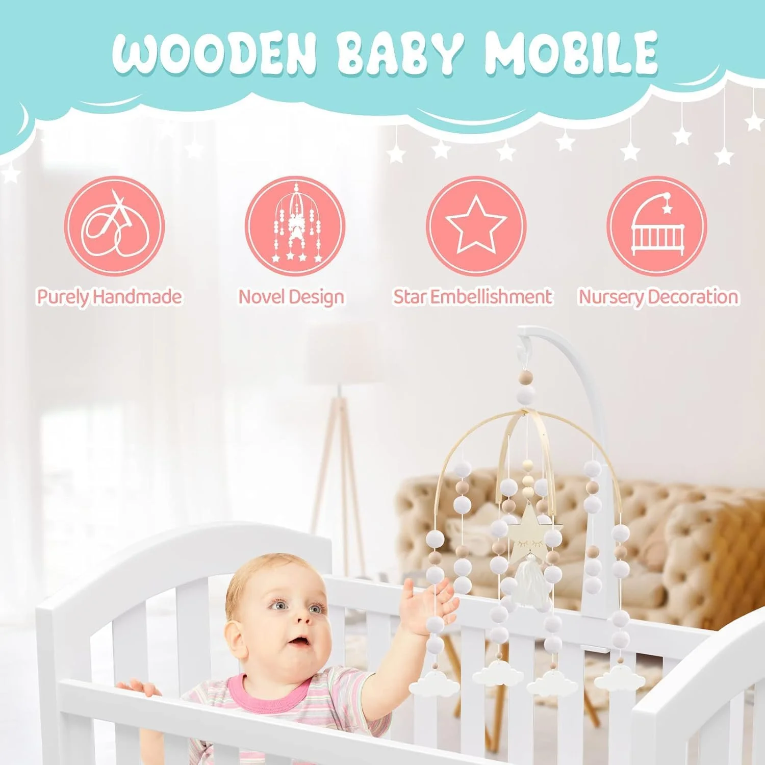 آویز تخت نوزاد فروشگاه وایت، آویز تخت خنثی، آویز تخت چوبی دست ساز، آویز تخت بوهو، آویز اتاق کودک، دکور اتاق کودک، ابر