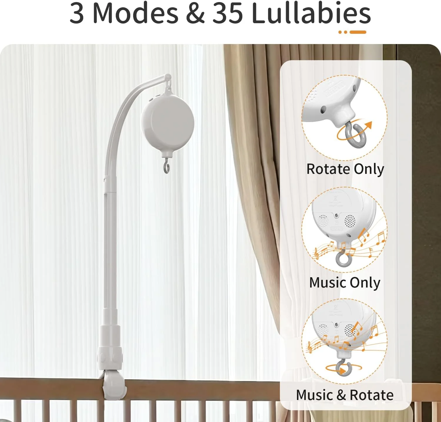 موتور آویز تخت نوزاد FEISIKE، جعبه موزیکال چرخشی کودک با 3 حالت (فقط چرخش، فقط موسیقی، چرخش و موسیقی، کنترل صدا 0-100، 35 لالایی، دستگاه پخش صدا قابل حمل، خاموشی خودکار 30 دقیقه، با باتری کار می کند)
