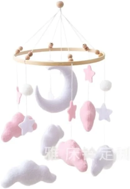 آویز تخت نوزاد برای اتاق کودک، آویز صورتی تخت، آویز تخت برای گهواره، دکوراسیون اتاق کودک آویز ماه ستاره ابر نمدی هدیه نوزاد برای پسران و دختران