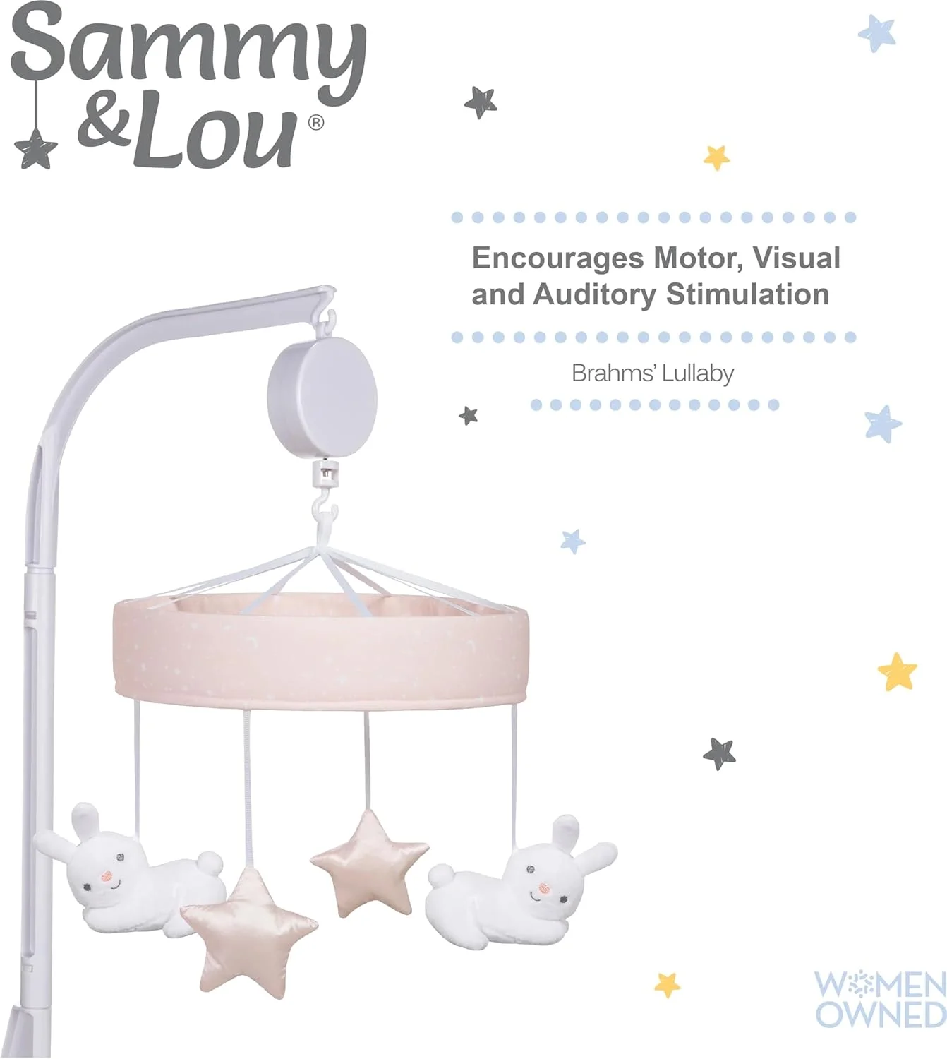 آویز تخت نوزاد طرح ابر خرگوشی سامی اند لو با موسیقی، بازوی آویز تخت مناسب برای نرده استاندارد تخت نوزاد