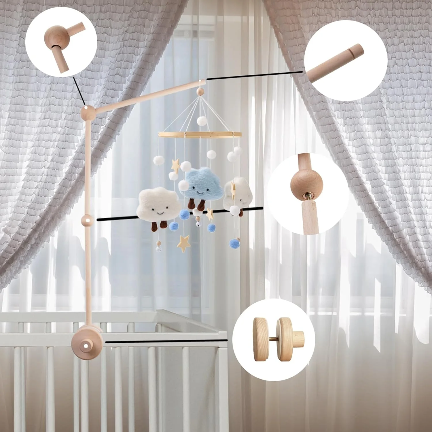 بازوی آویز تخت نوزاد - آویز چوبی برای تخت، نگهدارنده آویز تخت برای دکوراسیون اتاق نوزاد دختر و پسر