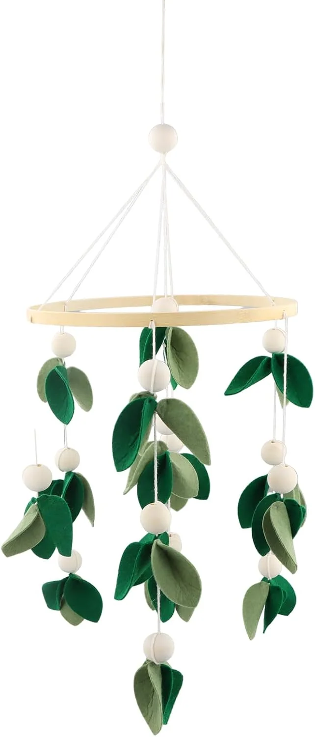 آویز تخت نوزاد، دکوری زنگ بادی چوبی موبایل نوزاد، تزئین تخت نوزاد، آویز تخت اتاق کودک چوبی سه بعدی برگ، هدیه تزئینی چوبی برای نوزادان دختر و پسر