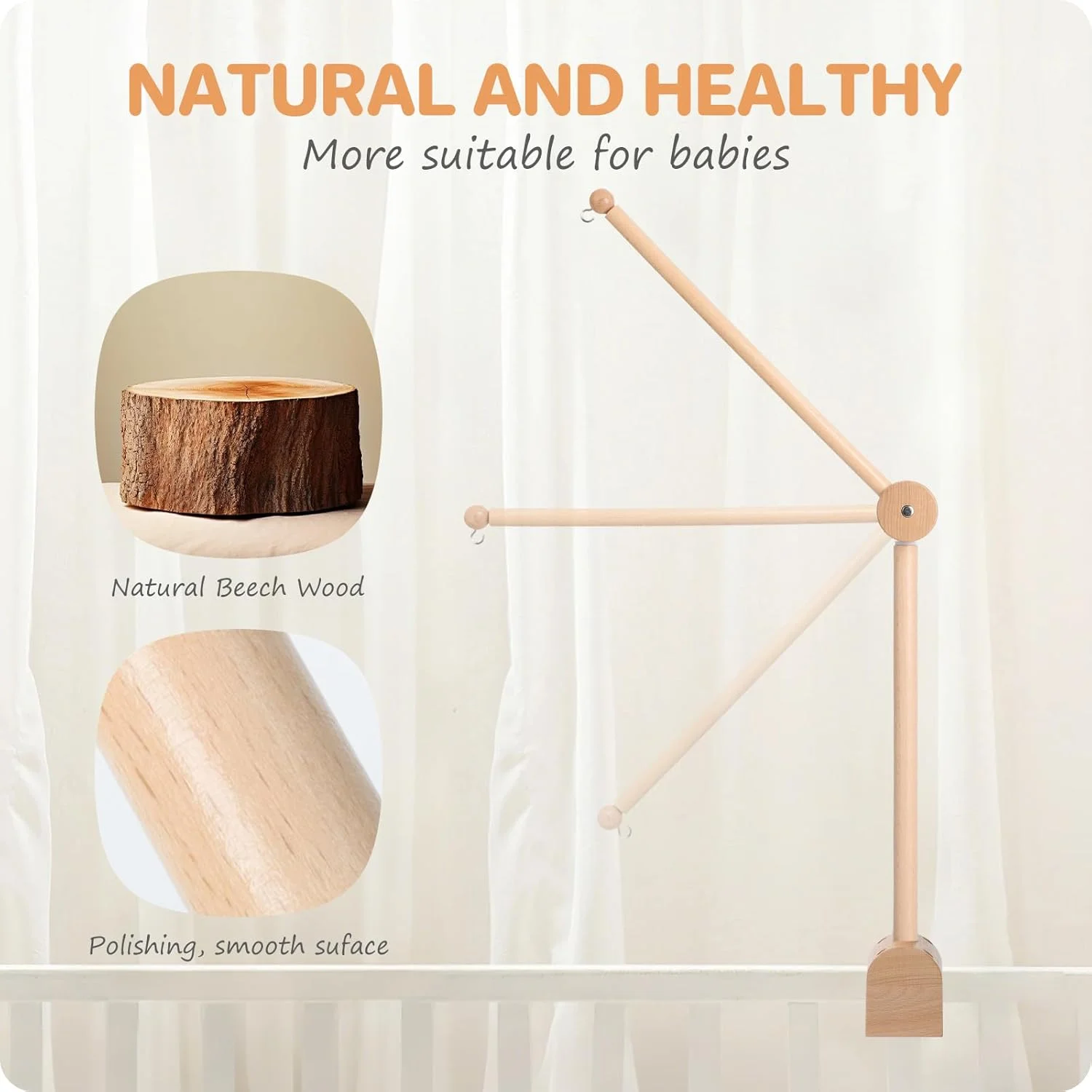 بازوی آویز تخت نوزاد نیکمر، بازوی چوبی آویز تخت به طول 31 اینچ، قابل تنظیم 360 درجه، آویز متحرک برای دکوراسیون اتاق نوزاد پسر و دختر