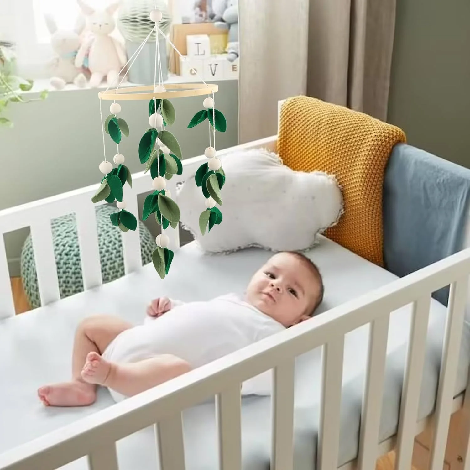 آویز تخت نوزاد، دکوری زنگ بادی چوبی موبایل نوزاد، تزئین تخت نوزاد، آویز تخت اتاق کودک چوبی سه بعدی برگ، هدیه تزئینی چوبی برای نوزادان دختر و پسر