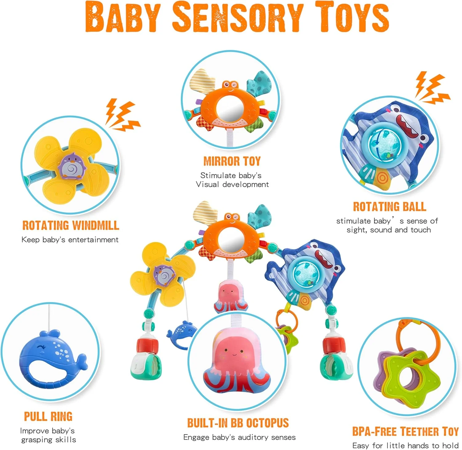 آویز اسباب بازی کالسکه کودک، اسباب بازی صندلی ماشین، آویز قابل تنظیم کالسکه با اسباب بازی های حسی آویز، مناسب برای نی نی لای لای، گهواره، کالسکه، تخت نوزاد و صندلی ماشین برای نوزاد پسر دختر 0-18 ماه