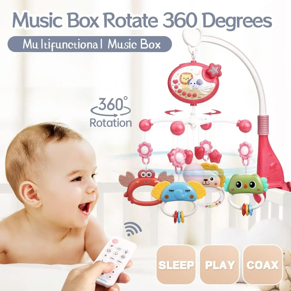آویز تخت موزیکال کودک با کنترل از راه دور، پخش تصاویر ستاره ای، تایمر، ملودی و چراغ خواب، جغجغه های چرخشی، مناسب برای نوزادان 0-12 ماه