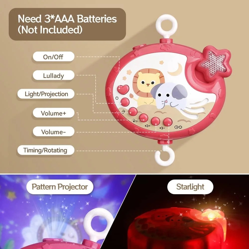 آویز تخت موزیکال کودک با کنترل از راه دور، پخش تصاویر ستاره ای، تایمر، ملودی و چراغ خواب، جغجغه های چرخشی، مناسب برای نوزادان 0-12 ماه