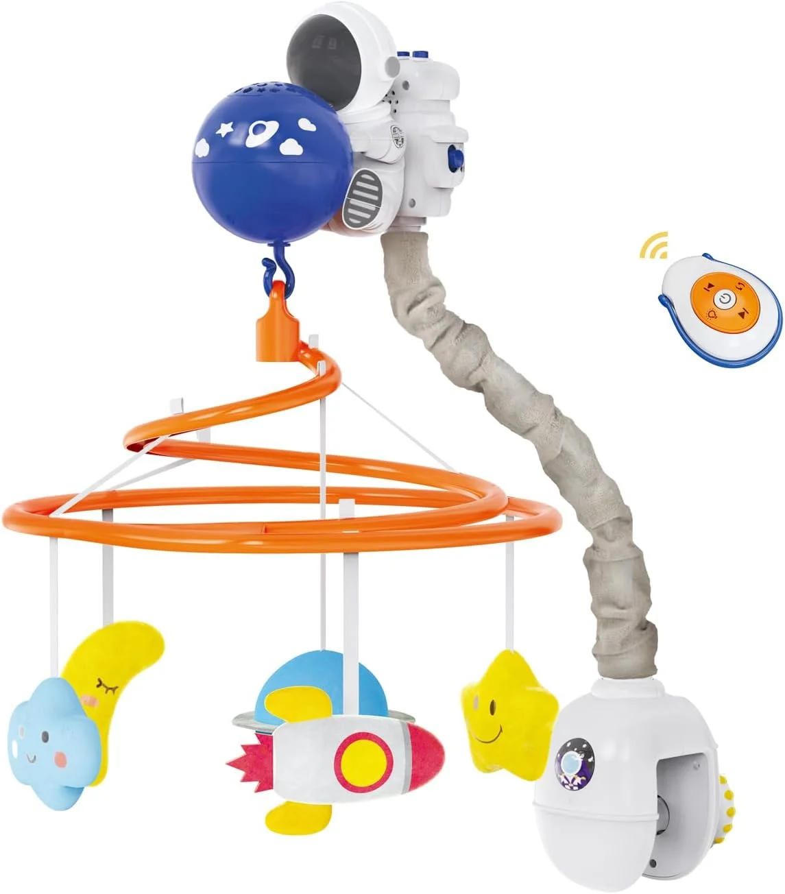 آویز تخت نوزاد با موسیقی و نور، آویز فضایی برای تخت با کنترل از راه دور، اسباب بازی های آویز تخت پولیشی دکوری فضانورد برای نوزادان پسر و دختر 0-6-12 ماهه