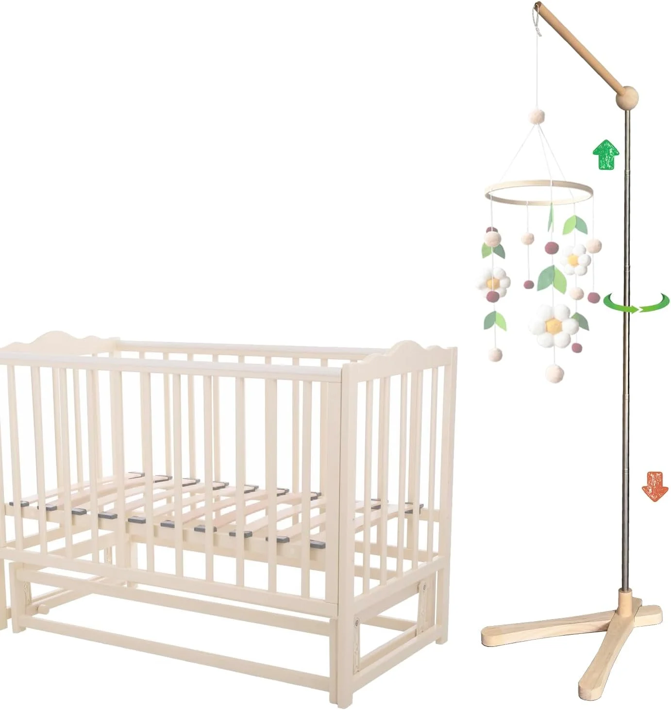 بازوی چوبی آویز تخت نوزاد، مناسب برای همه تخت‌ها، آویز چوبی طبیعی 100%، دکوراسیون اتاق کودک، نگهدارنده ایمن (آویز شامل نمی‌شود) (بازوی ایستاده)