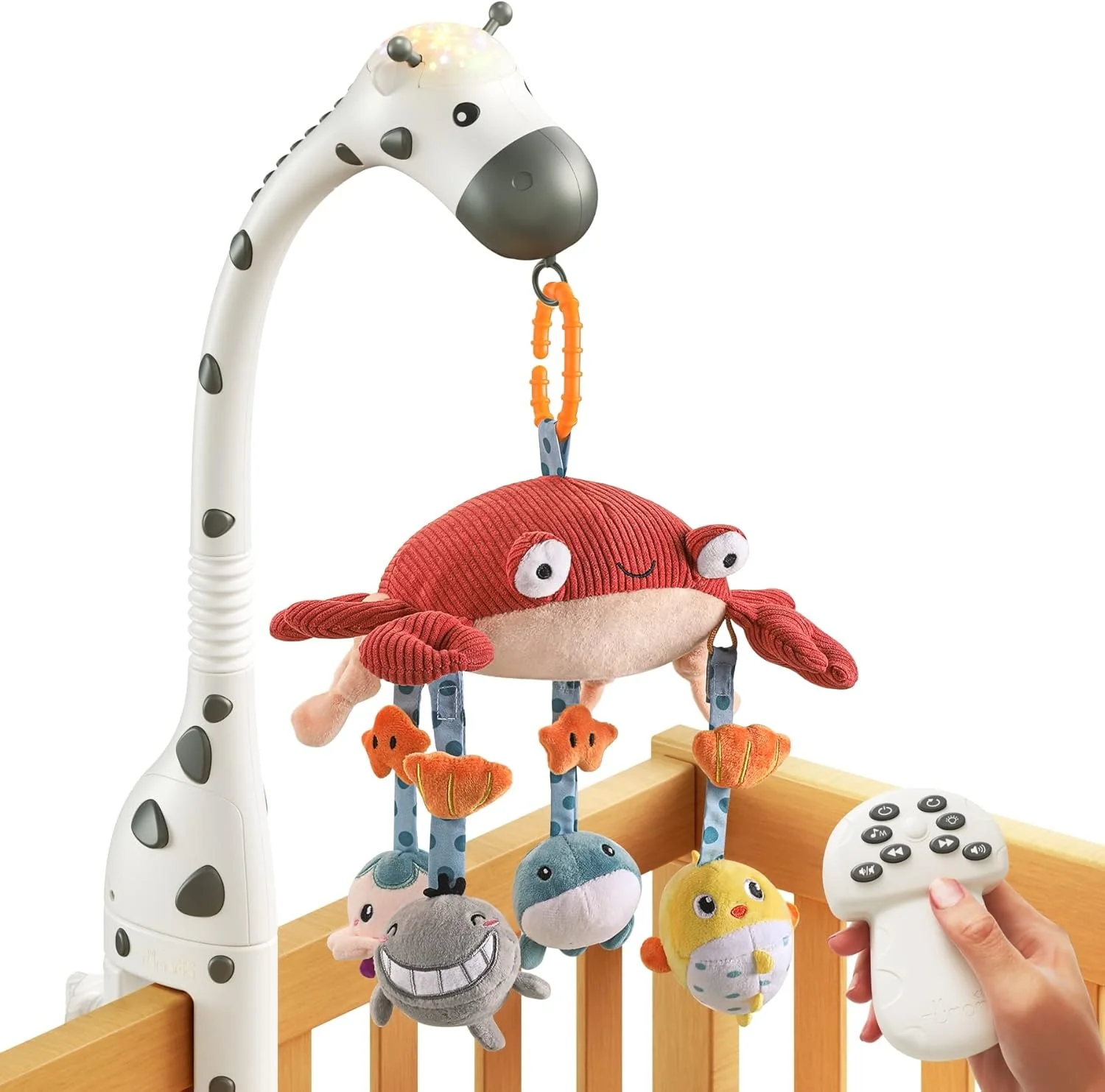 آویز تخت نوزاد TUMAMA، اسباب بازی تخت 3 در 1 با کنترل از راه دور، چراغ خواب پروژکتوری، موسیقی و نویز سفید، موتور چرخش بی صدا، اسباب بازی های حسی مهد کودک برای نوزاد 0 3 6 9 ماهه، هدیه کریسمس
