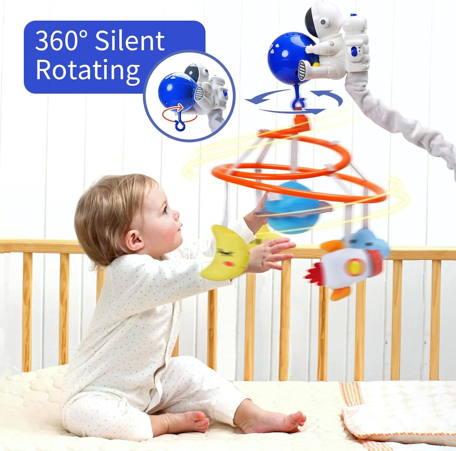 آویز تخت نوزاد با موسیقی و نور، آویز فضایی برای تخت با کنترل از راه دور، اسباب بازی های آویز تخت پولیشی دکوری فضانورد برای نوزادان پسر و دختر 0-6-12 ماهه
