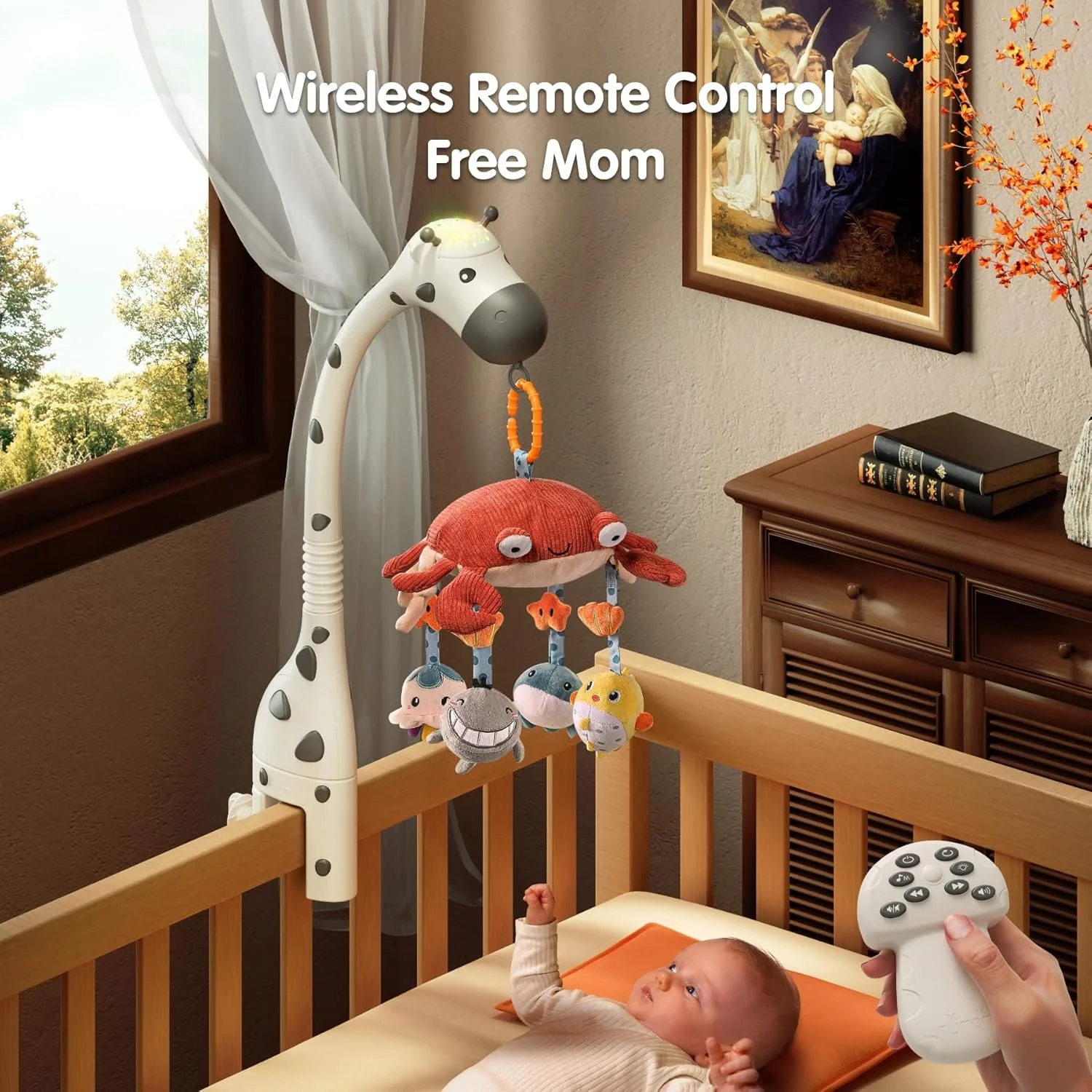 آویز تخت نوزاد TUMAMA، اسباب بازی تخت 3 در 1 با کنترل از راه دور، چراغ خواب پروژکتوری، موسیقی و نویز سفید، موتور چرخش بی صدا، اسباب بازی های حسی مهد کودک برای نوزاد 0 3 6 9 ماهه، هدیه کریسمس