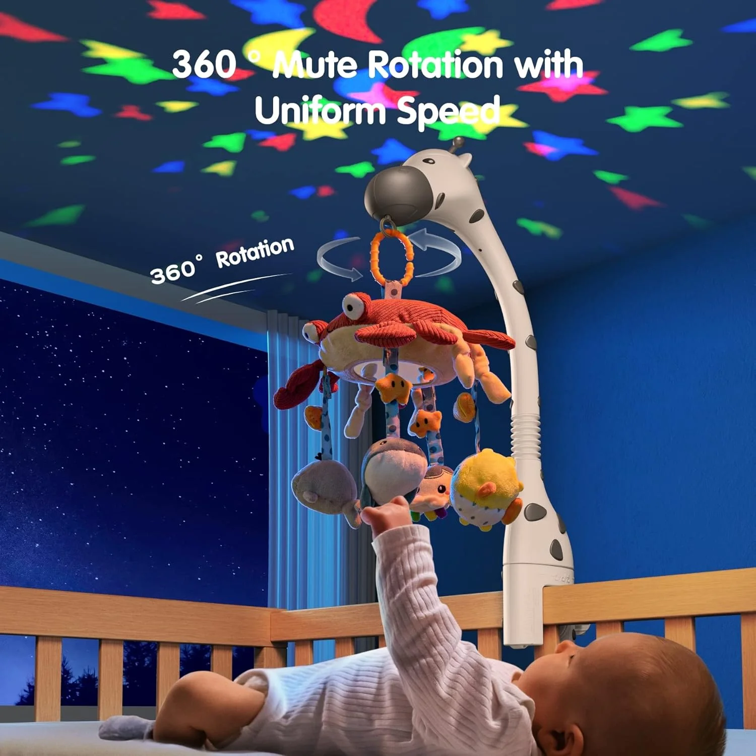 آویز تخت نوزاد TUMAMA، اسباب بازی تخت 3 در 1 با کنترل از راه دور، چراغ خواب پروژکتوری، موسیقی و نویز سفید، موتور چرخش بی صدا، اسباب بازی های حسی مهد کودک برای نوزاد 0 3 6 9 ماهه، هدیه کریسمس