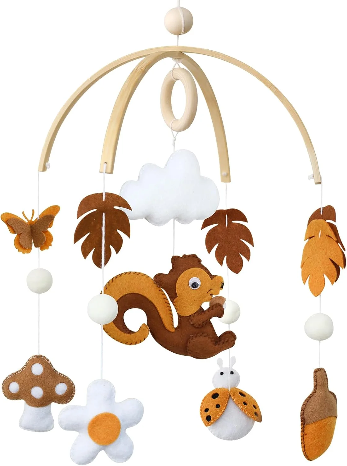 آویز چوبی موبایل تخت نوزاد با طرح سنجاب، ابر و برگ، مناسب برای اتاق نوزاد پسر و دختر