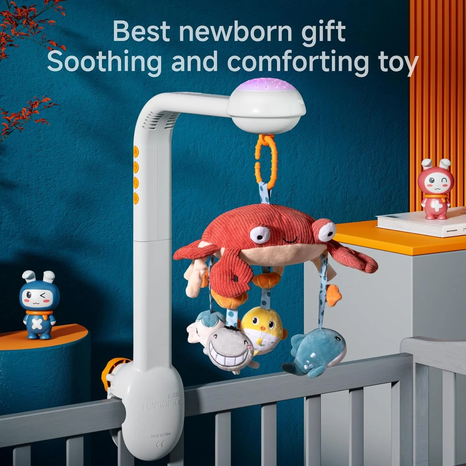 آویز تخت نوزاد توماما، اسباب بازی تخت با چراغ خواب پروژکتوری، موسیقی و نویز سفید، آویز آینه ای پولیشی نرم، اسباب بازی های چرخشی بی صدا برای نوزاد 0 3 6 9 ماهه، هدیه کریسمس (خرچنگ)