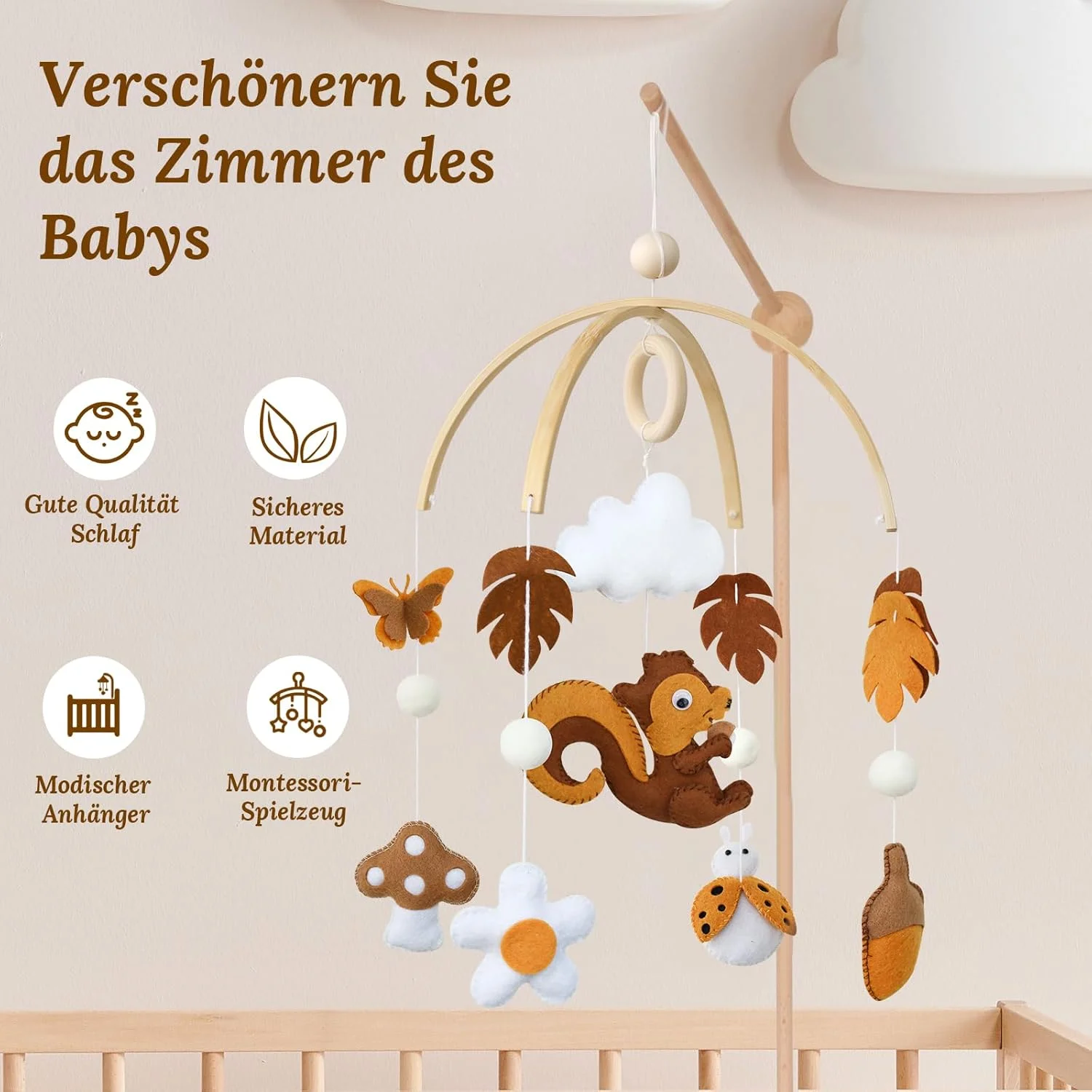 آویز چوبی موبایل تخت نوزاد با طرح سنجاب، ابر و برگ، مناسب برای اتاق نوزاد پسر و دختر آویز چوبی موبایل تخت نوزاد با طرح سنجاب، ابر و برگ، مناسب برای اتاق نوزاد پسر و دختر