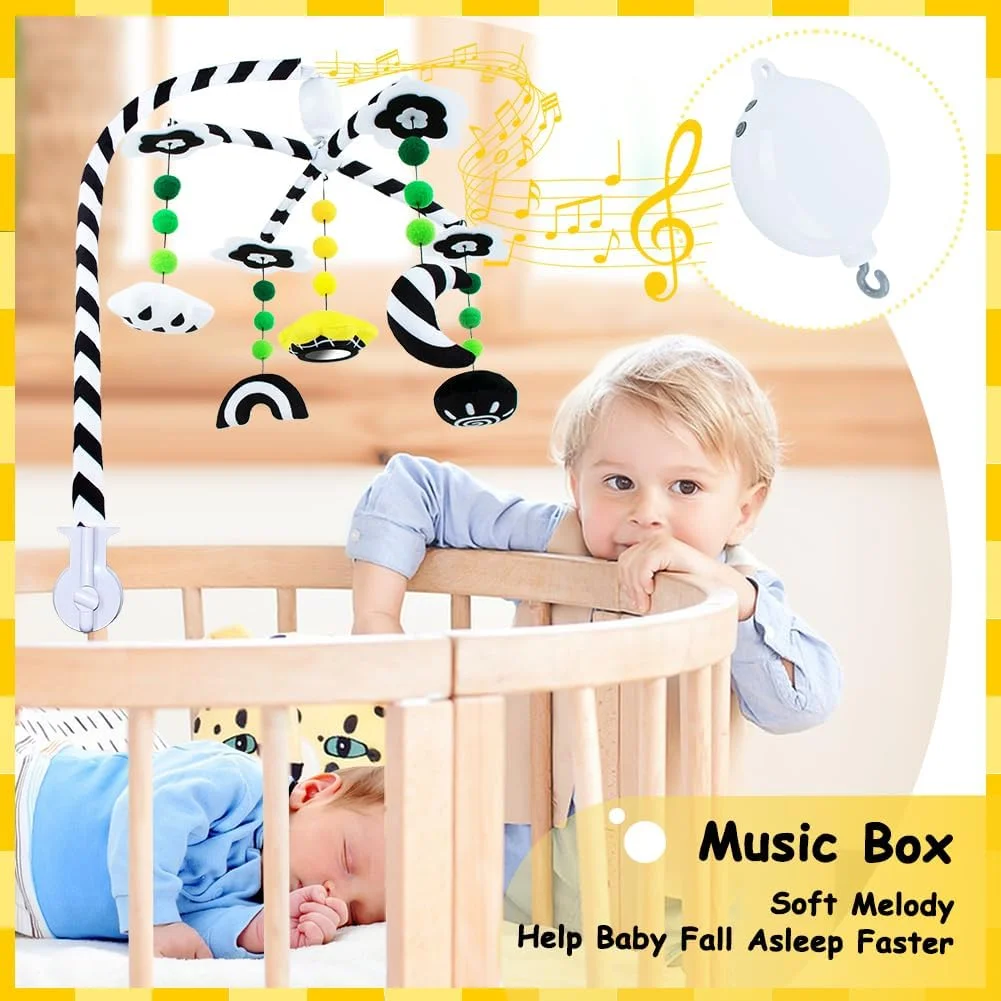 آویز بالای تخت نوزاد، اسباب بازی موبایل با کنتراست بالا سیاه و سفید به همراه آینه، آویز موزیکال تخت نوزاد مناسب نوزادان پسر و دختر، اسباب بازی های آویز چرخشی تخت نوزاد، نوع دکمه ای