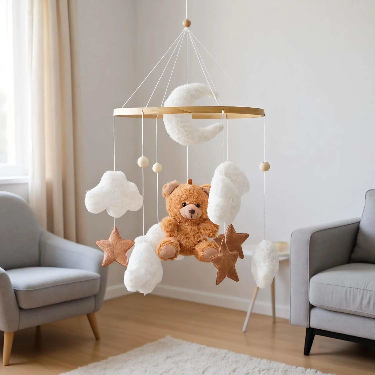 آویز بالای تخت نوزاد | دکور آویز تخت نوزاد طرح ابر ستاره خرس، اسباب بازی حسی آویز تزئینی زیبا برای تخت خواب گهواره پنجره دیوار سقف کودکان دختران پسران