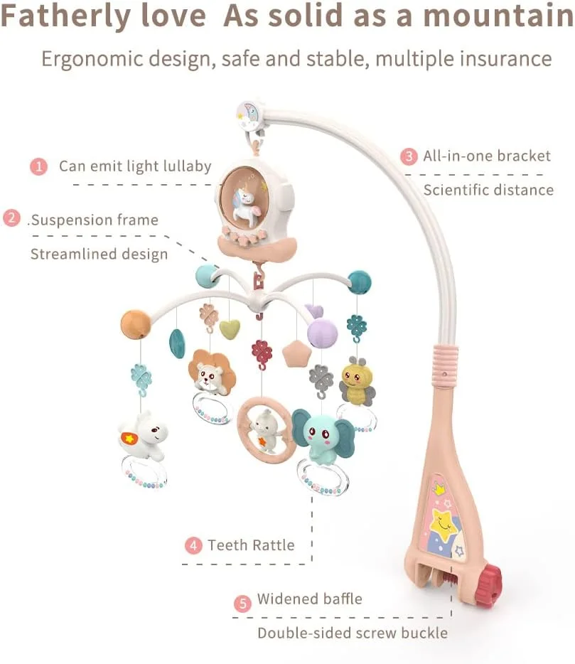 موبایل تخت نوزاد موزیکال Eners Baby با چراغ خواب و چرخش، جغجغه و اسباب بازی های آرامش بخش برای نوزادان پسر و دختر (قرمز)