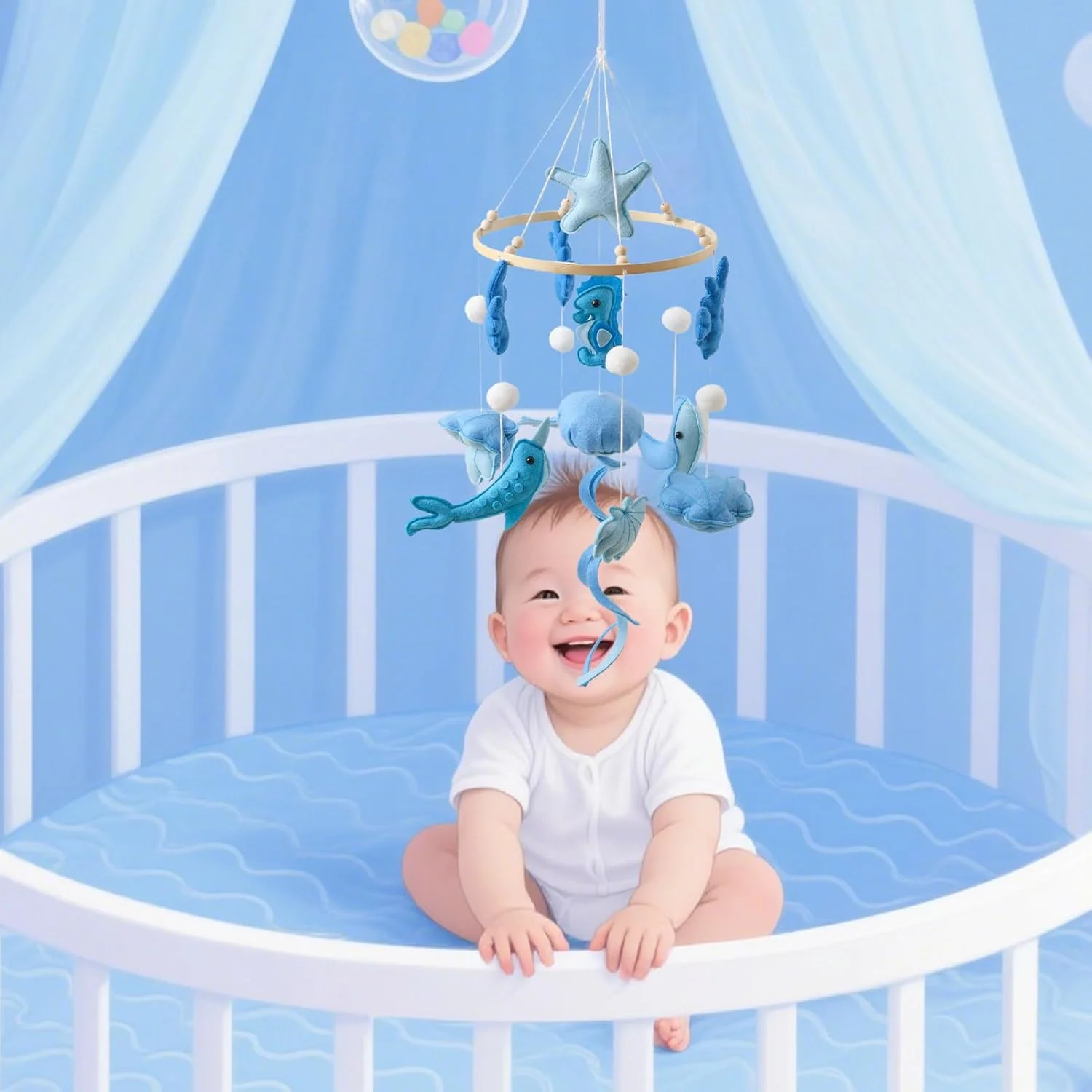 آویز بالای تخت نوزاد - آویز تزئینی با طرح دریایی، زنگ آرامش بخش تخت آویز برای تزئین سقف، مناسب برای دکوراتورها، پسران، دختران، وسایل عکس برداری، والدین جدید، اتاق کودک، کالسکه و پارک بازی