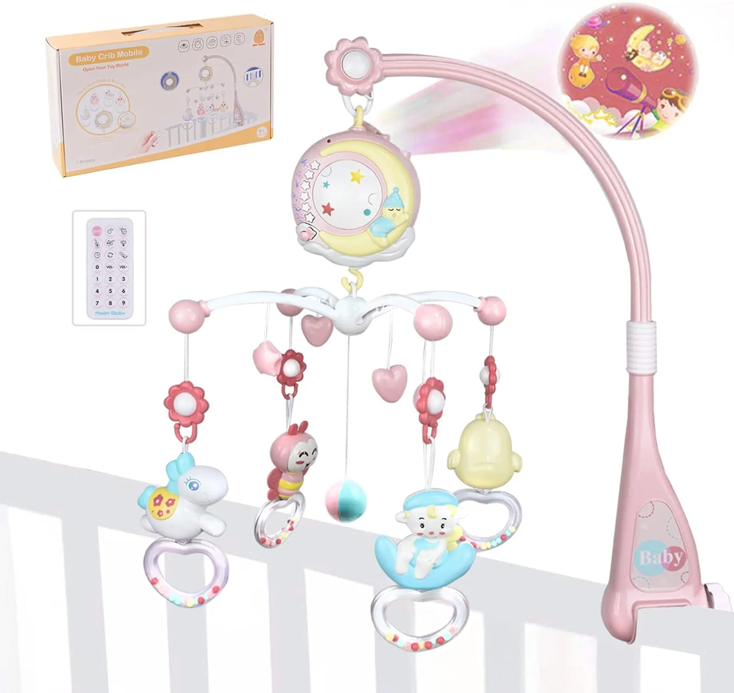 موبایل تخت نوزاد، موبایل تخت کودک، موبایل موزیکال چرخشی 360 درجه با چراغ، جغجغه های آویز چرخشی، جعبه موسیقی کنترل از راه دور، عملکرد زمان بندی، هدیه برای نوزاد تازه متولد شده