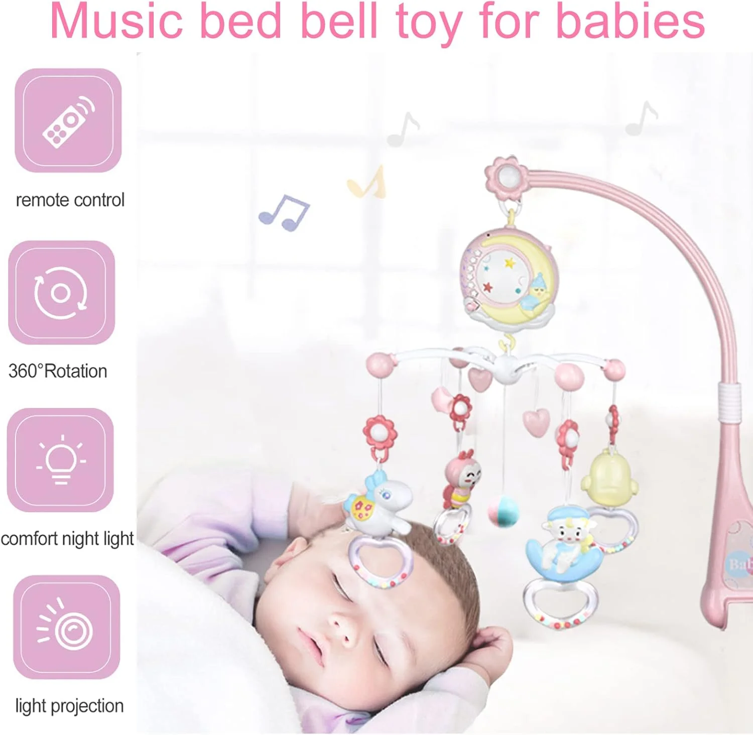 موبایل تخت نوزاد، موبایل تخت کودک، موبایل موزیکال چرخشی 360 درجه با چراغ، جغجغه های آویز چرخشی، جعبه موسیقی کنترل از راه دور، عملکرد زمان بندی، هدیه برای نوزاد تازه متولد شده