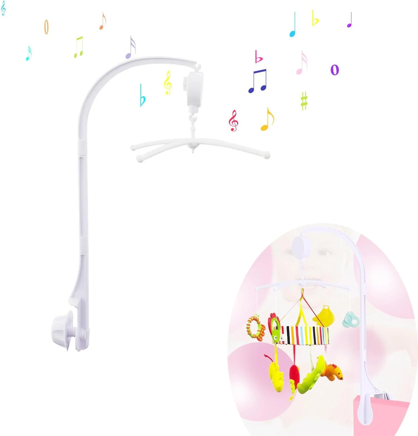 آویز تخت نوزاد 66 سانتی متری سفید رنگ به همراه جعبه موزیکال و بازوی نگهدارنده