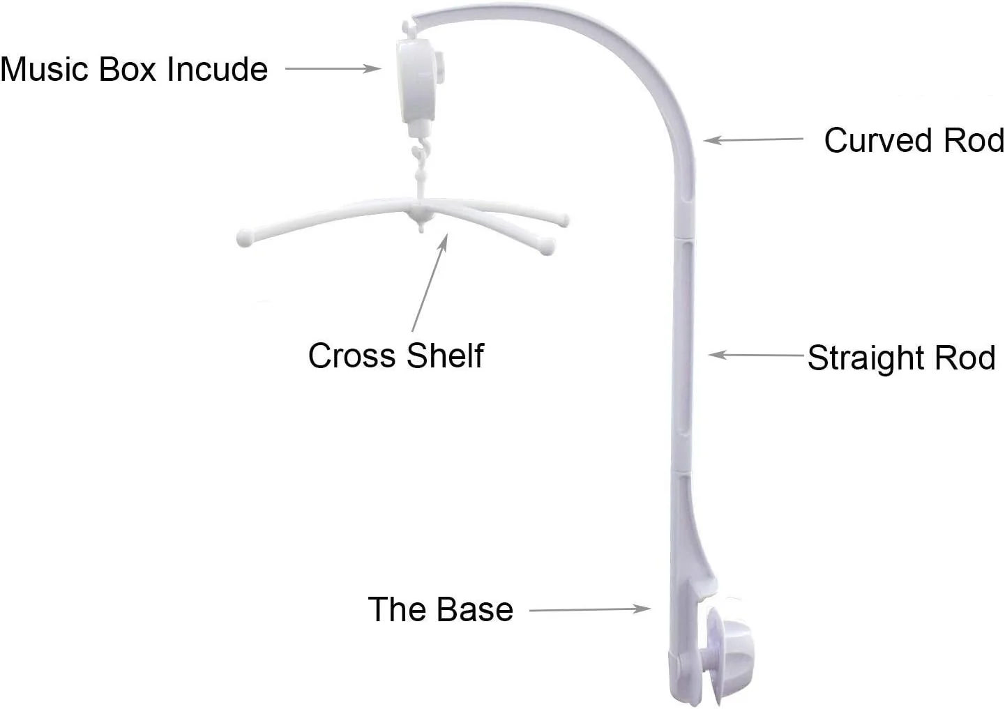 آویز تخت نوزاد 66 سانتی متری سفید رنگ به همراه جعبه موزیکال و بازوی نگهدارنده