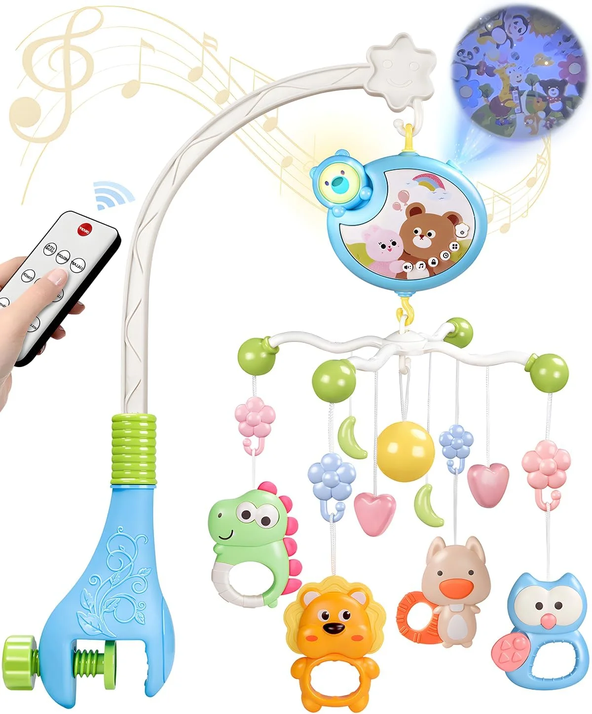 موبایل تخت نوزاد با موسیقی و چراغ، موبایل برای تخت نوزاد، آویز اسباب بازی بازویی کودک برای گهواره دخترانه پسرانه، موبایل فضایی موزیکال قابل حمل کودک، گیره آویز برای پارک بازی 0-6 ماه