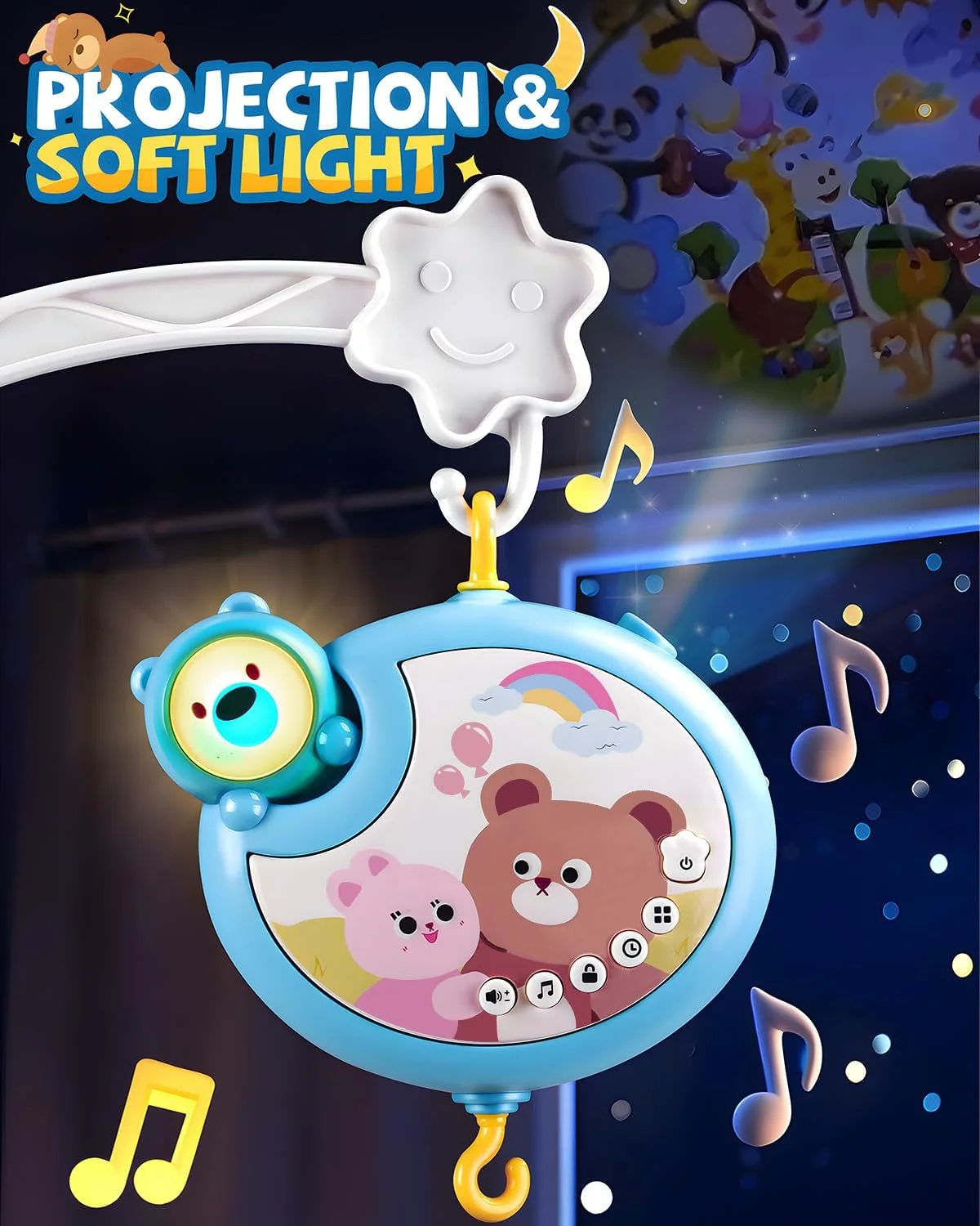 موبایل تخت نوزاد با موسیقی و چراغ، موبایل برای تخت نوزاد، آویز اسباب بازی بازویی کودک برای گهواره دخترانه پسرانه، موبایل فضایی موزیکال قابل حمل کودک، گیره آویز برای پارک بازی 0-6 ماه