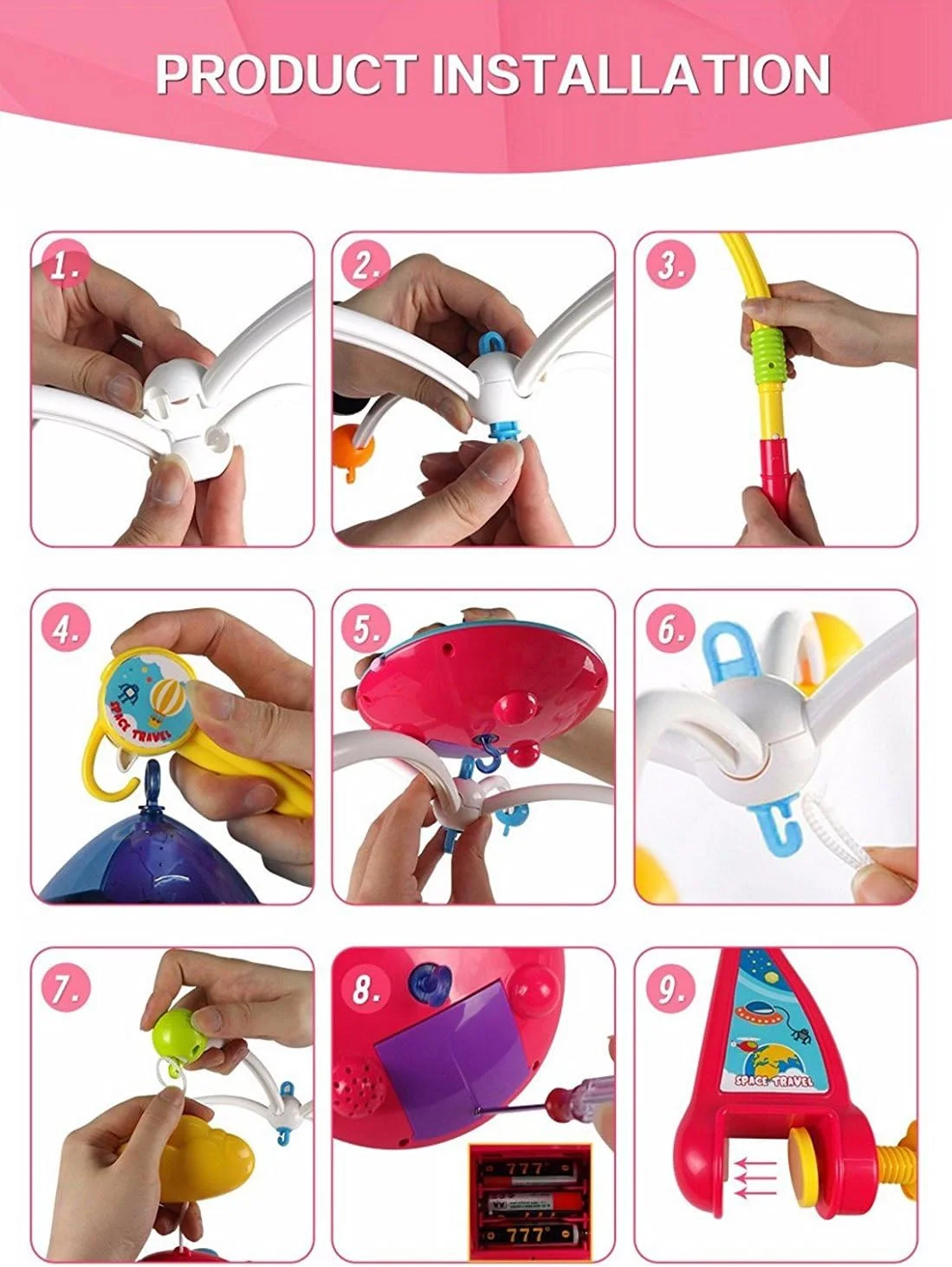 تخت موزیکال کودک با کنترل از راه دور و قابلیت چرخش و پخش نور، 100% ایمن و غیر سمی، مناسب برای کودکان بالای 6 ماه، تک عددی، چند رنگ