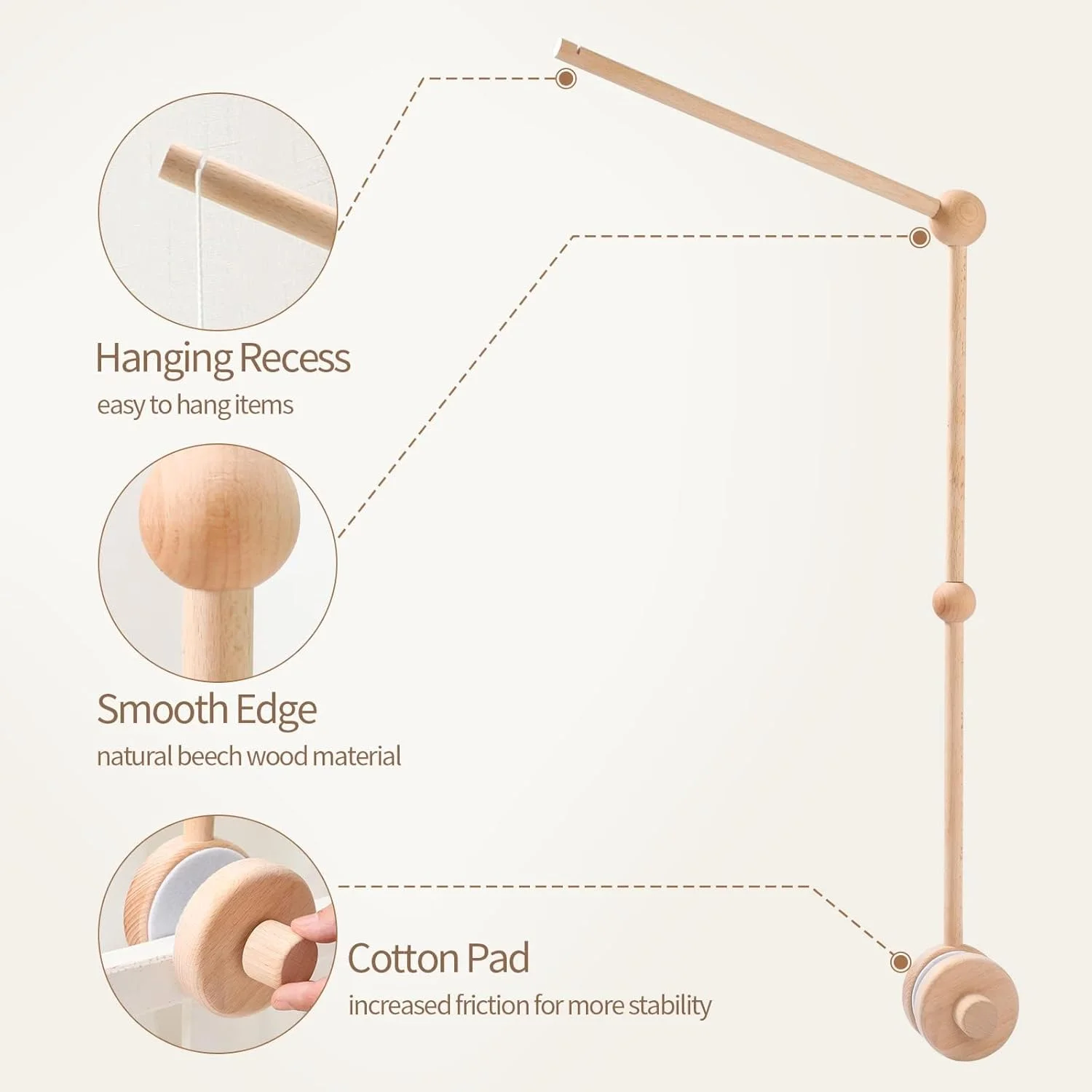 پایه چوبی آویز تخت نوزاد، مناسب برای دکور اتاق کودک، قابل نصب روی میز تعویض و تخت نوزاد، آویز تخت و اسباب بازی