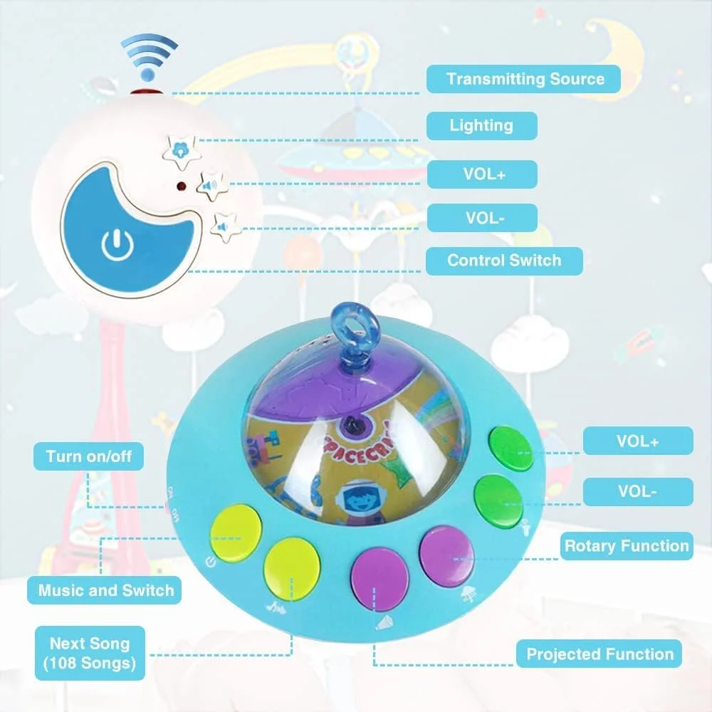 تخت موزیکال کودک با کنترل از راه دور و قابلیت چرخش و پخش نور، 100% ایمن و غیر سمی، مناسب برای کودکان بالای 6 ماه، تک عددی، چند رنگ